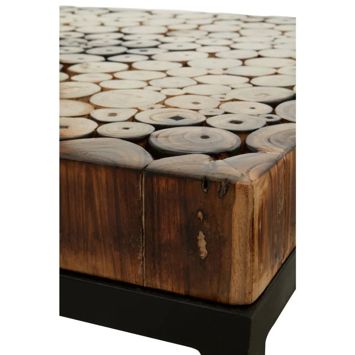 Close-up of wooden coffee table with circular wood block pattern and black metal base