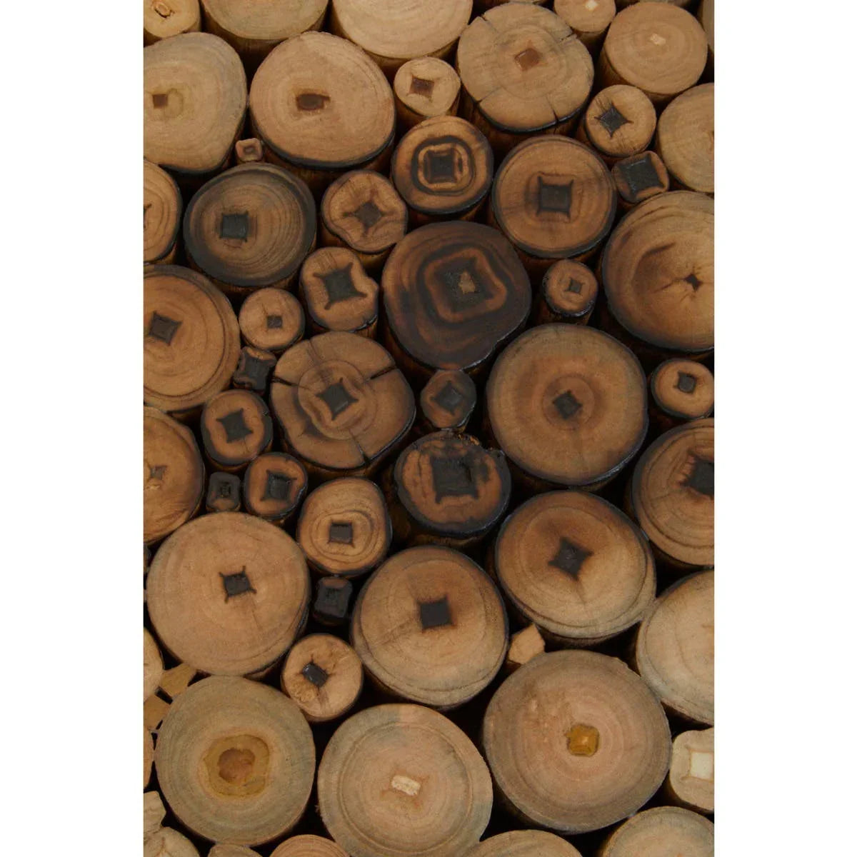 Stacked round wood side table surface with natural grain and unique square patterns
