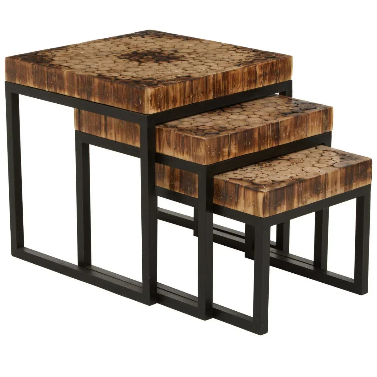Set of three wooden nesting tables with black metal frames and textured tops