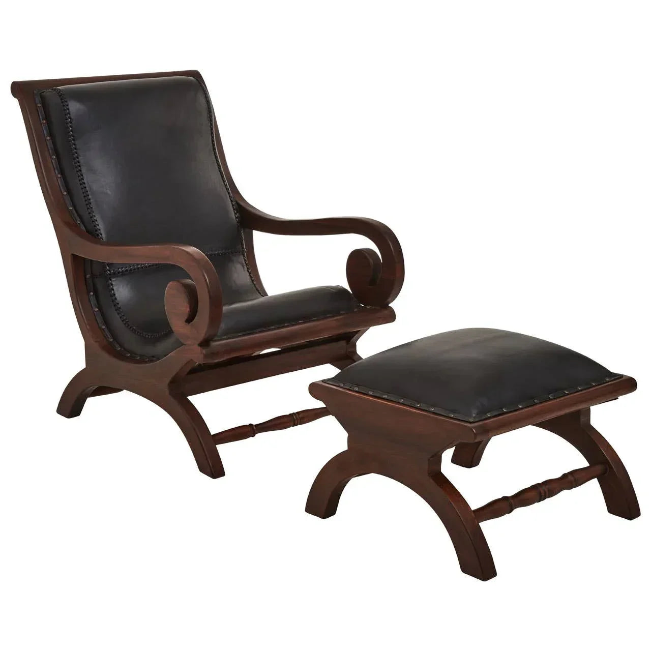 Dark wood accent chair with black leather seat and matching footstool