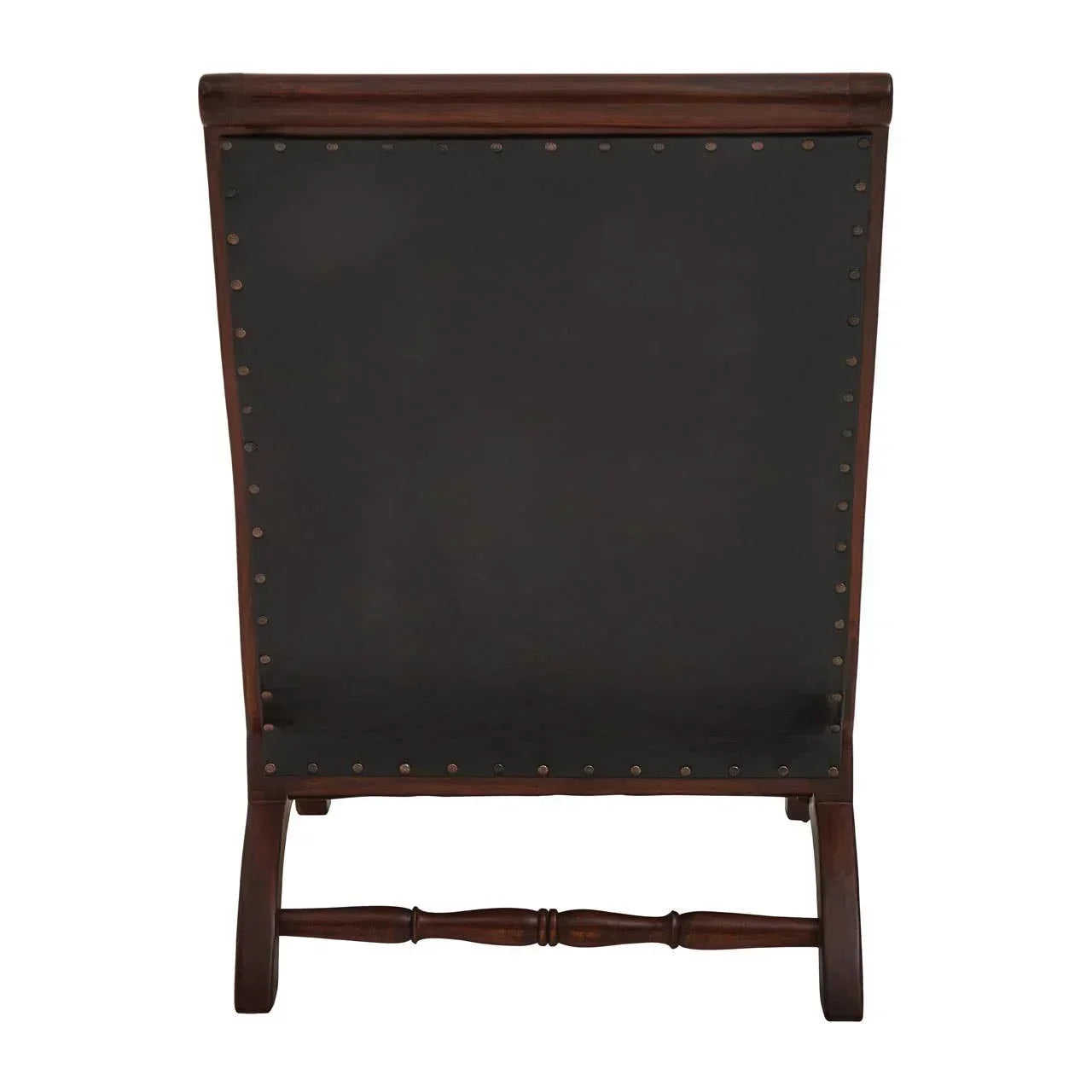Back view of wooden armchair with dark upholstery and stud detailing