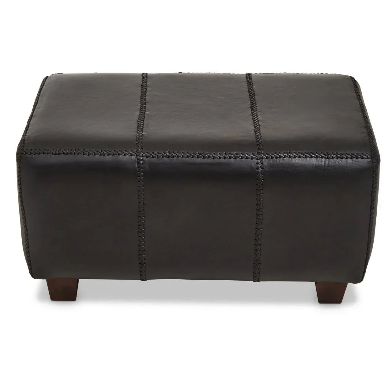 Rectangular black leather footstool with visible stitching and wooden legs