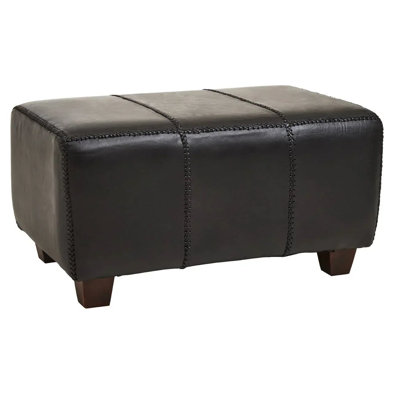 Black leather ottoman footstool with visible stitching and wooden legs