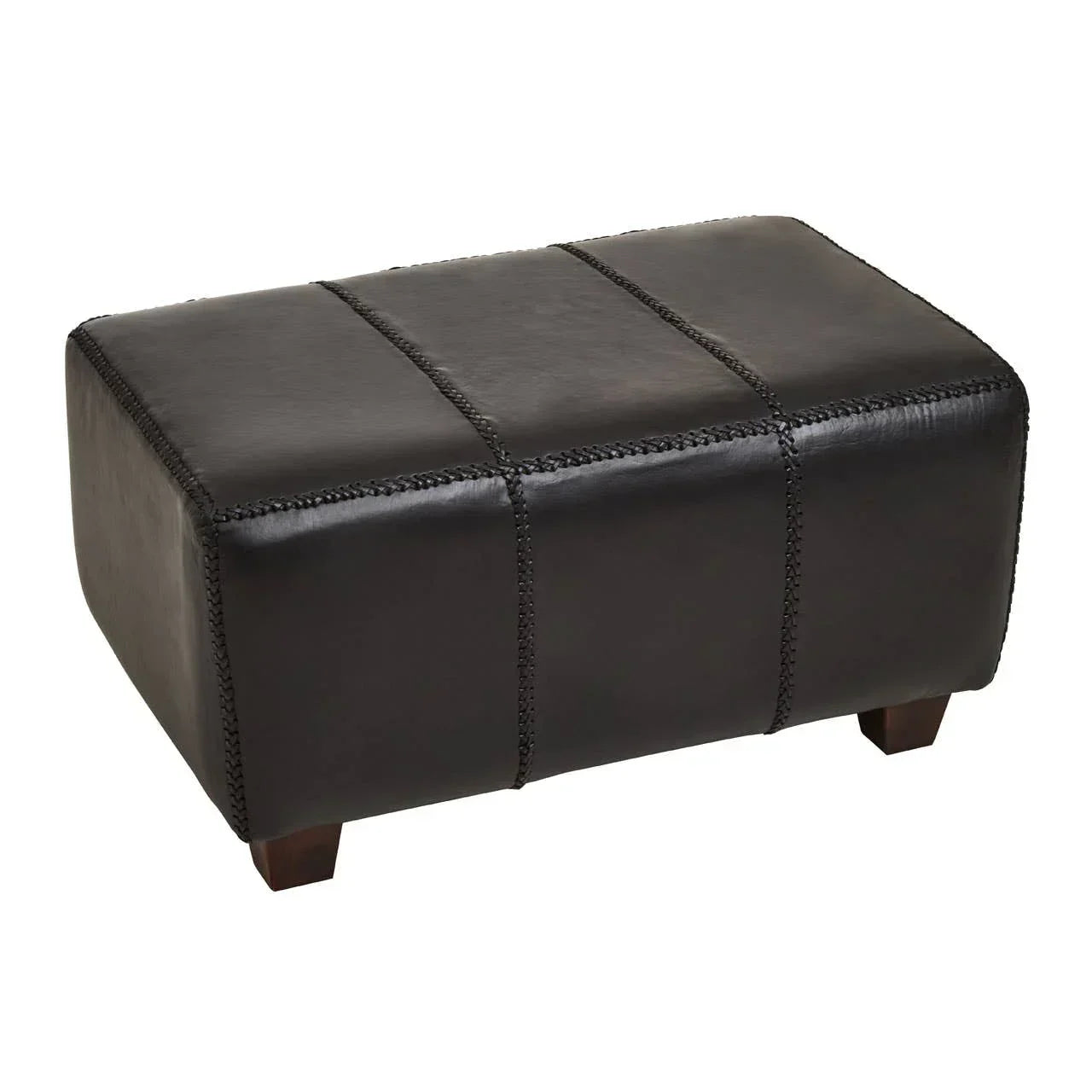 Rectangular black leather ottoman with stitched panel detail and wooden legs