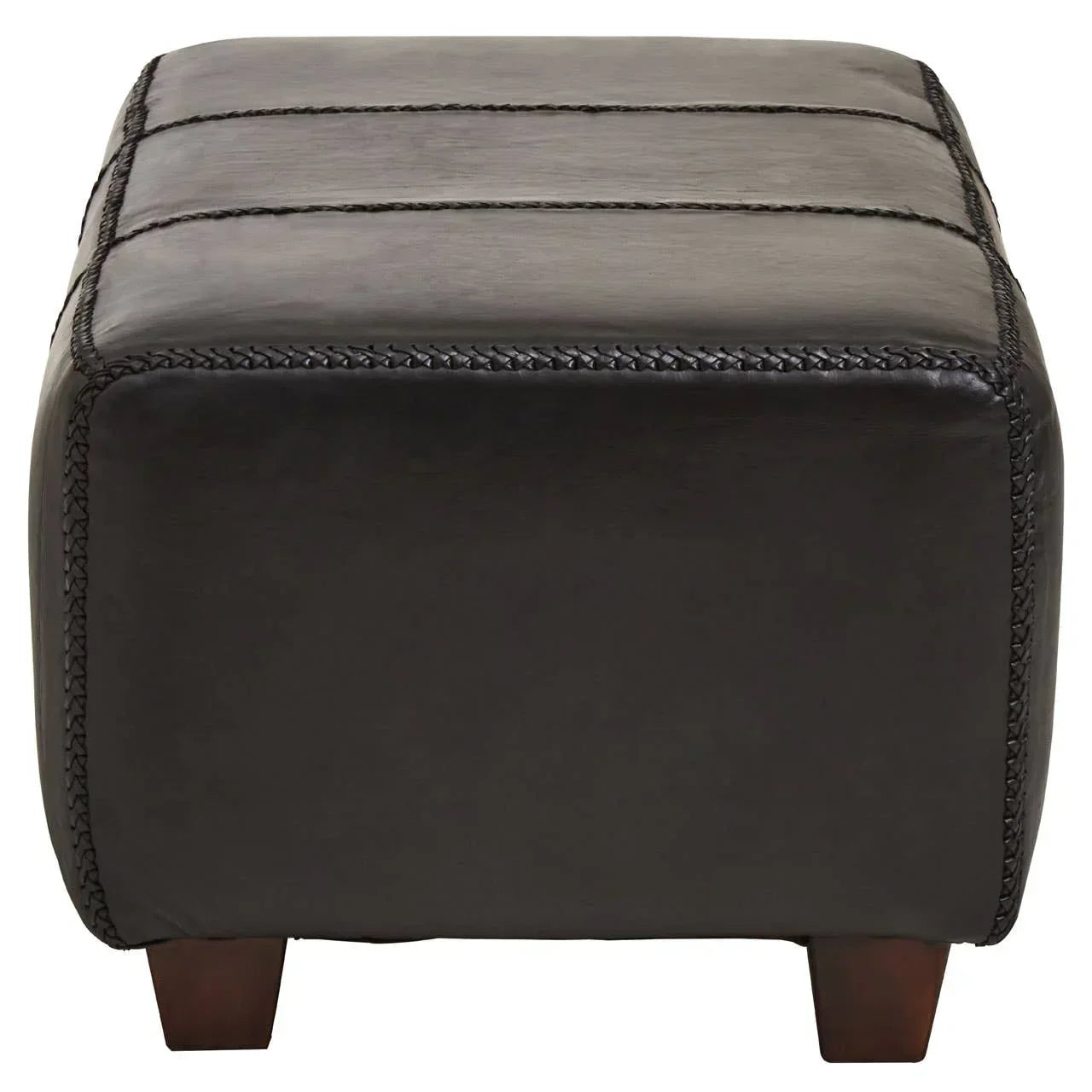 Square black leather ottoman with stitched detailing and short wooden legs, front view