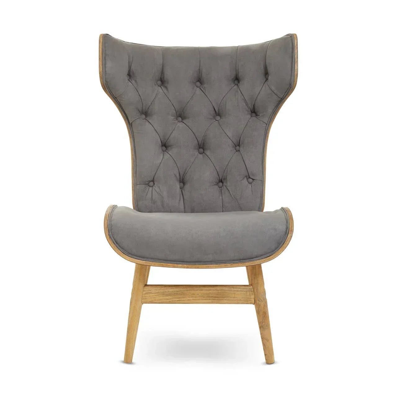 Grey accent chair with high tufted backrest and wooden legs, front view