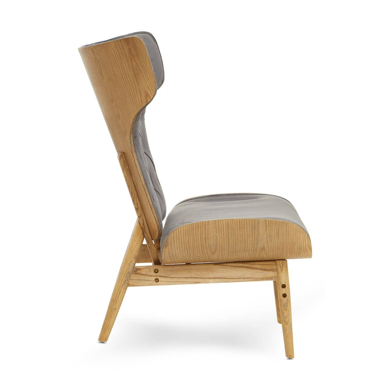 Dark grey velvet chair featuring a winged back design and a sleek, minimalist profile. The chair is supported by light-colored wooden legs, showcasing a natural finish.