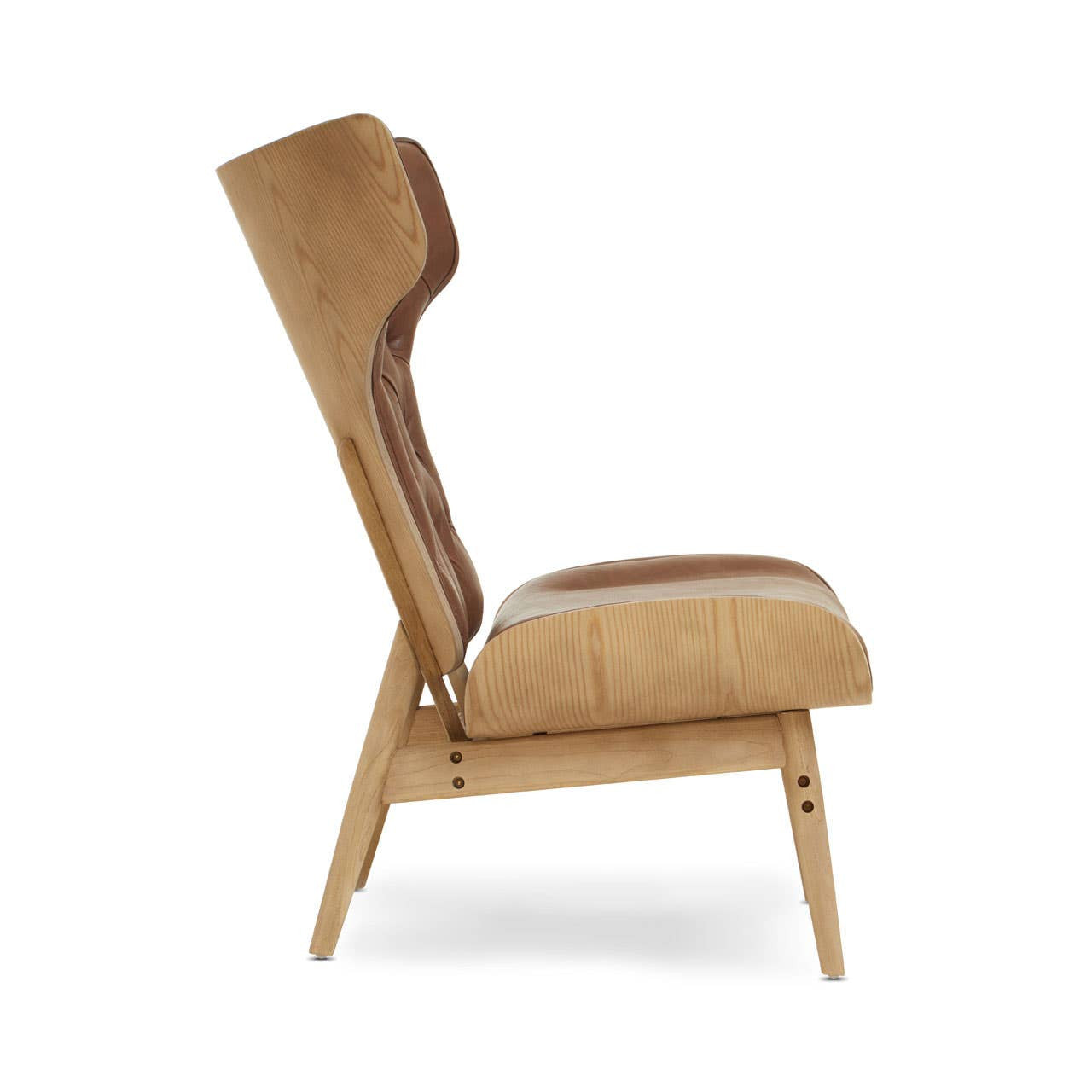 Brown leather effect chair featuring a winged back design, with a sleek elm wood frame and tapered legs.