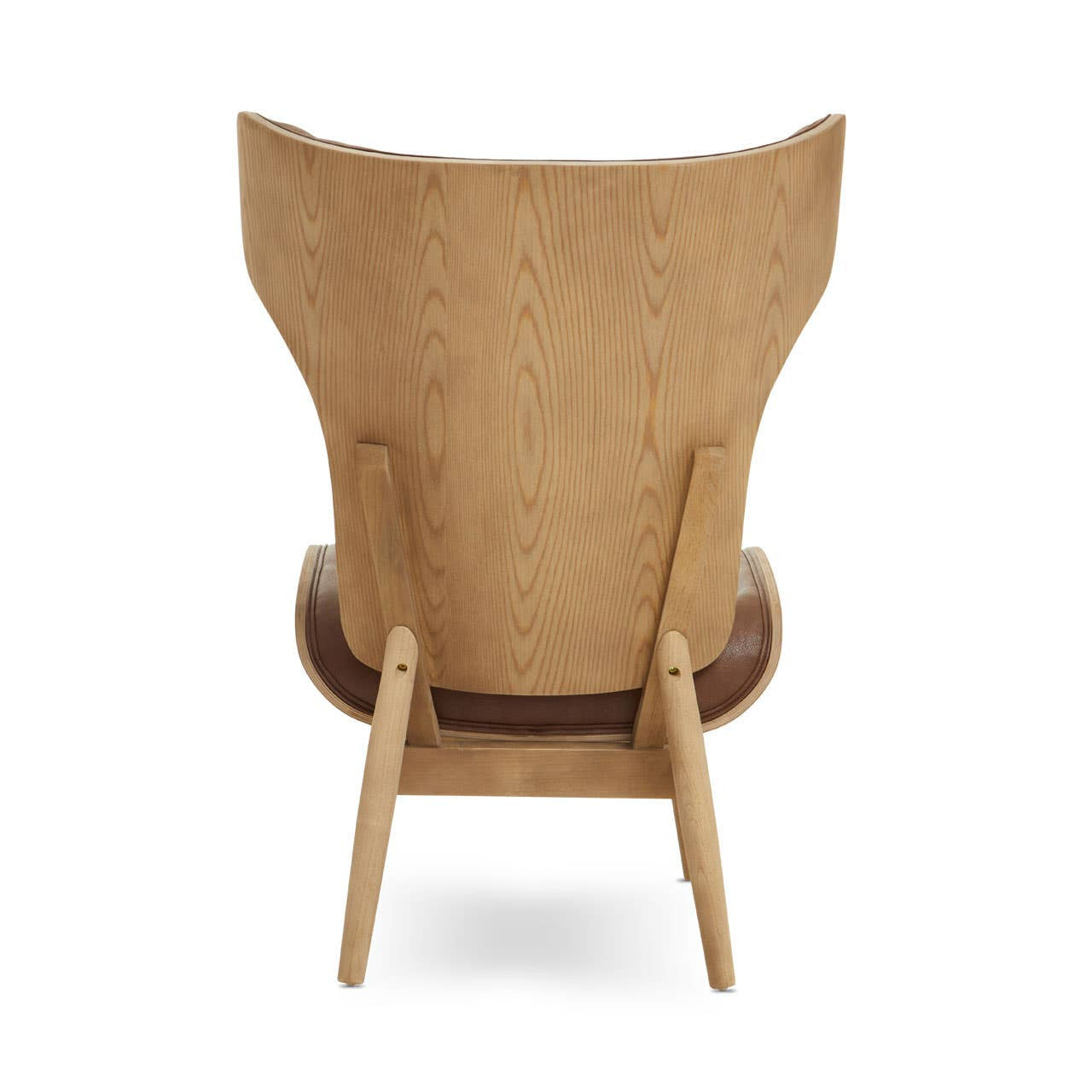 Brown leather effect chair featuring a winged back design, with a smooth, curved wooden frame and tapered legs.