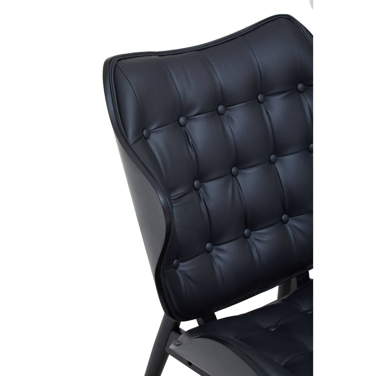 Black leather effect chair featuring a tufted backrest with rounded edges and button detailing.