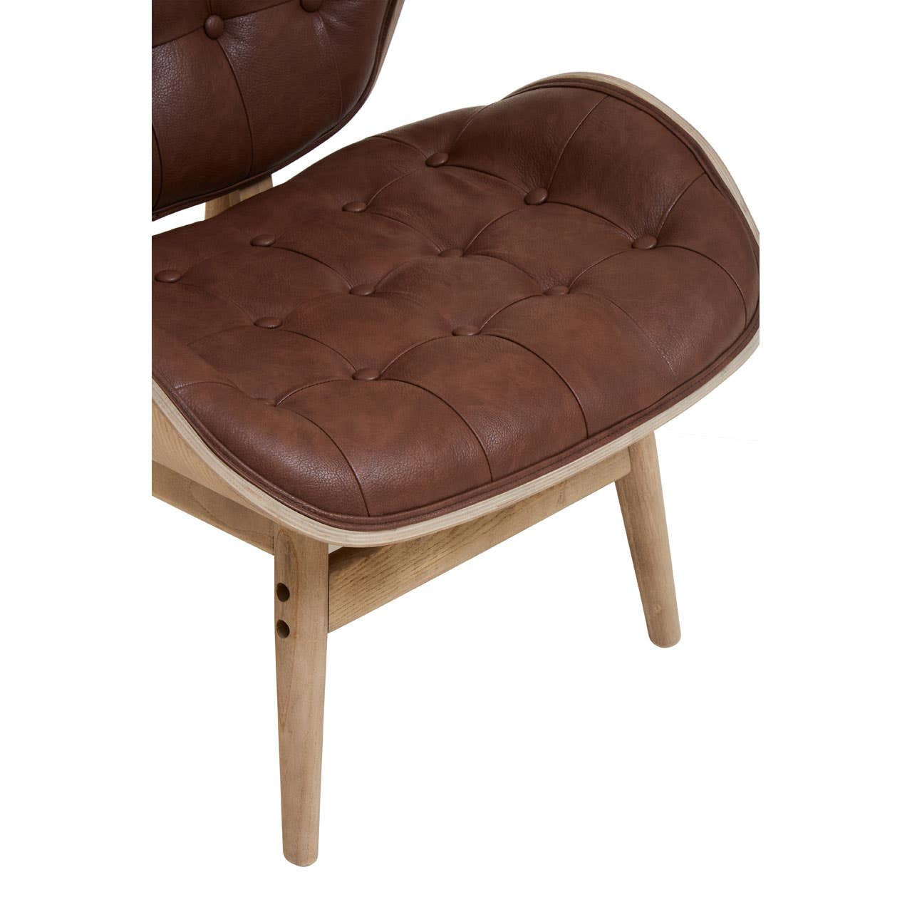Brown leather effect chair featuring a tufted seat and backrest, supported by light-colored wooden legs.