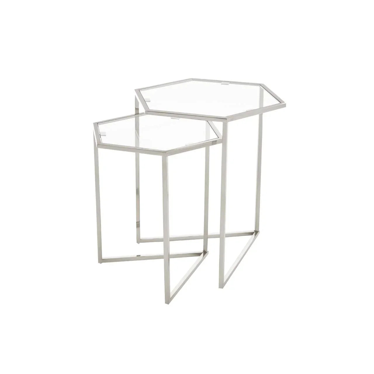 Hexagonal glass top nesting tables with chrome metal frames, set of two, side view