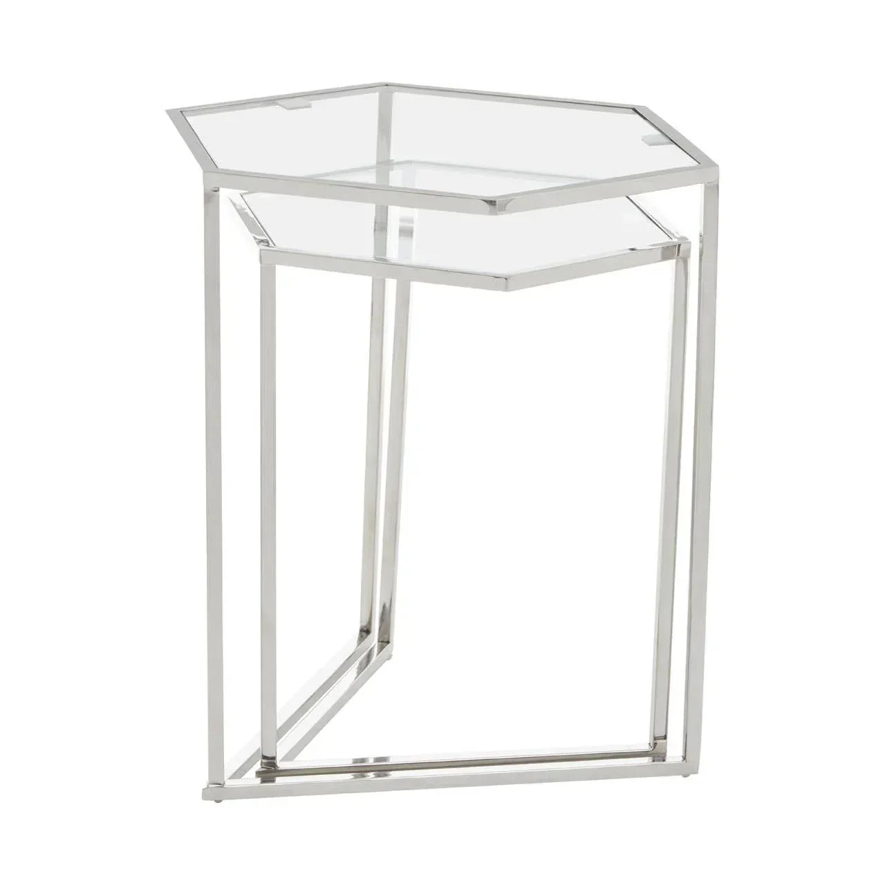 Hexagonal glass side table with chrome metal frame, modern design, shown at angle