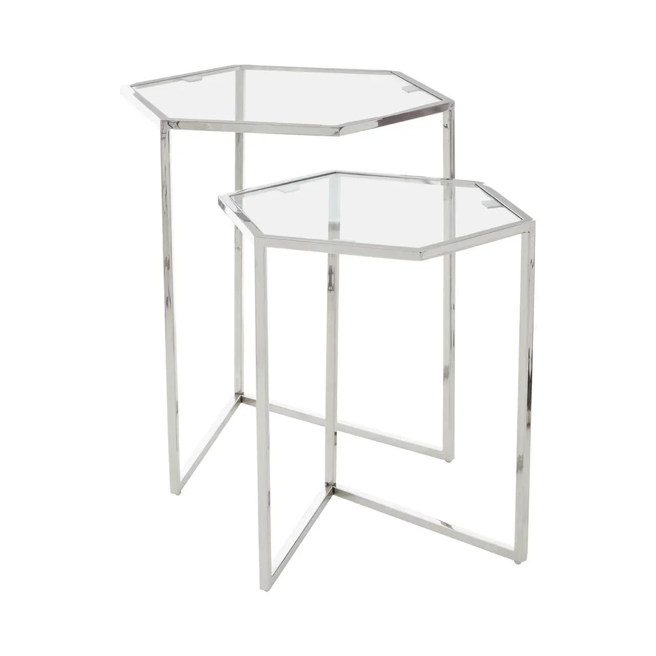 Set of two hexagonal glass nesting side tables with chrome metal frames on white background
