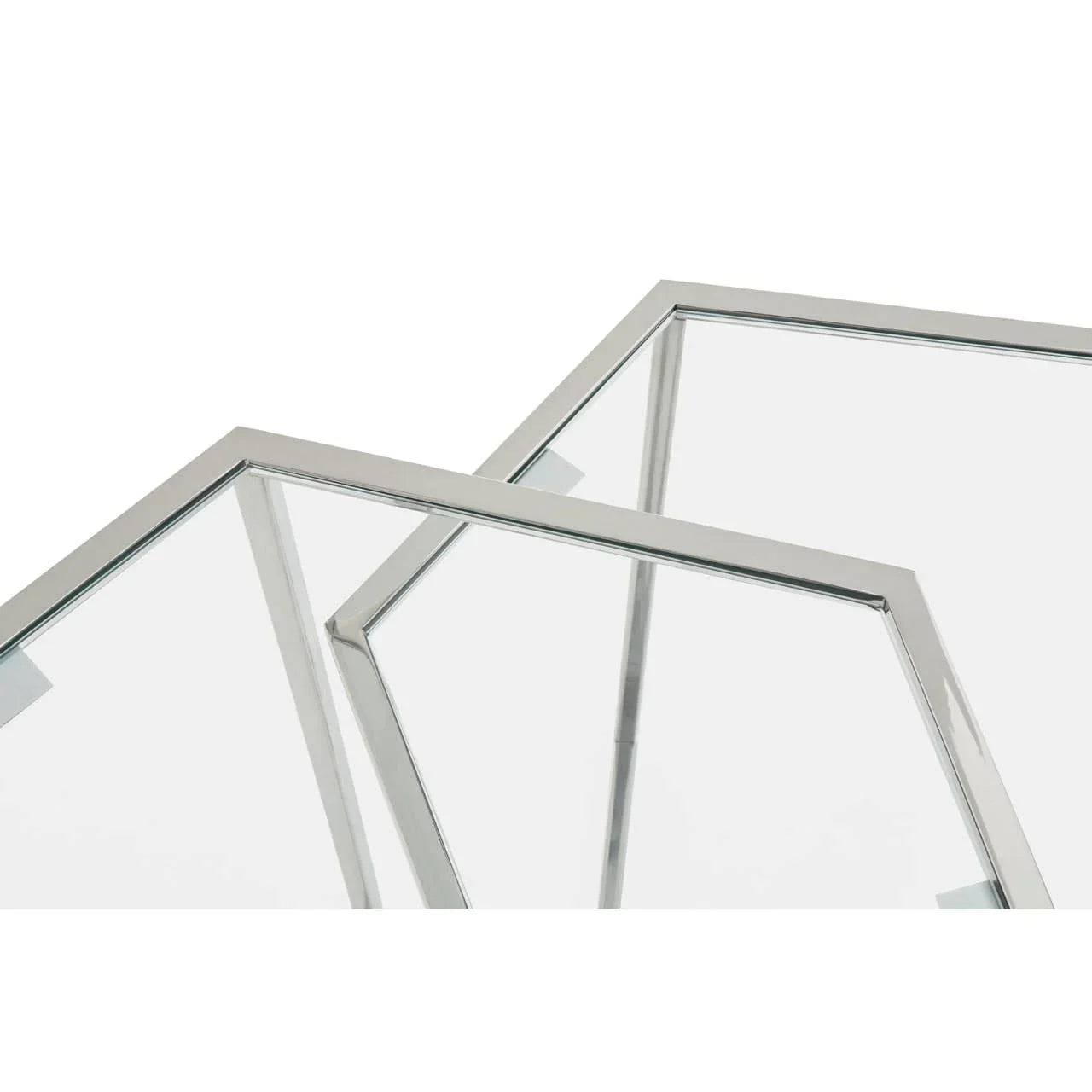 Closeup of modern glass coffee table with chrome metal frame