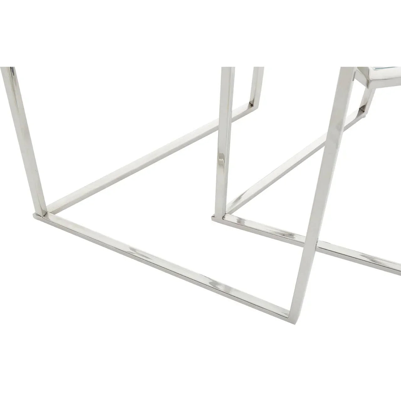 Chrome metal table base with square geometric frame on white background
