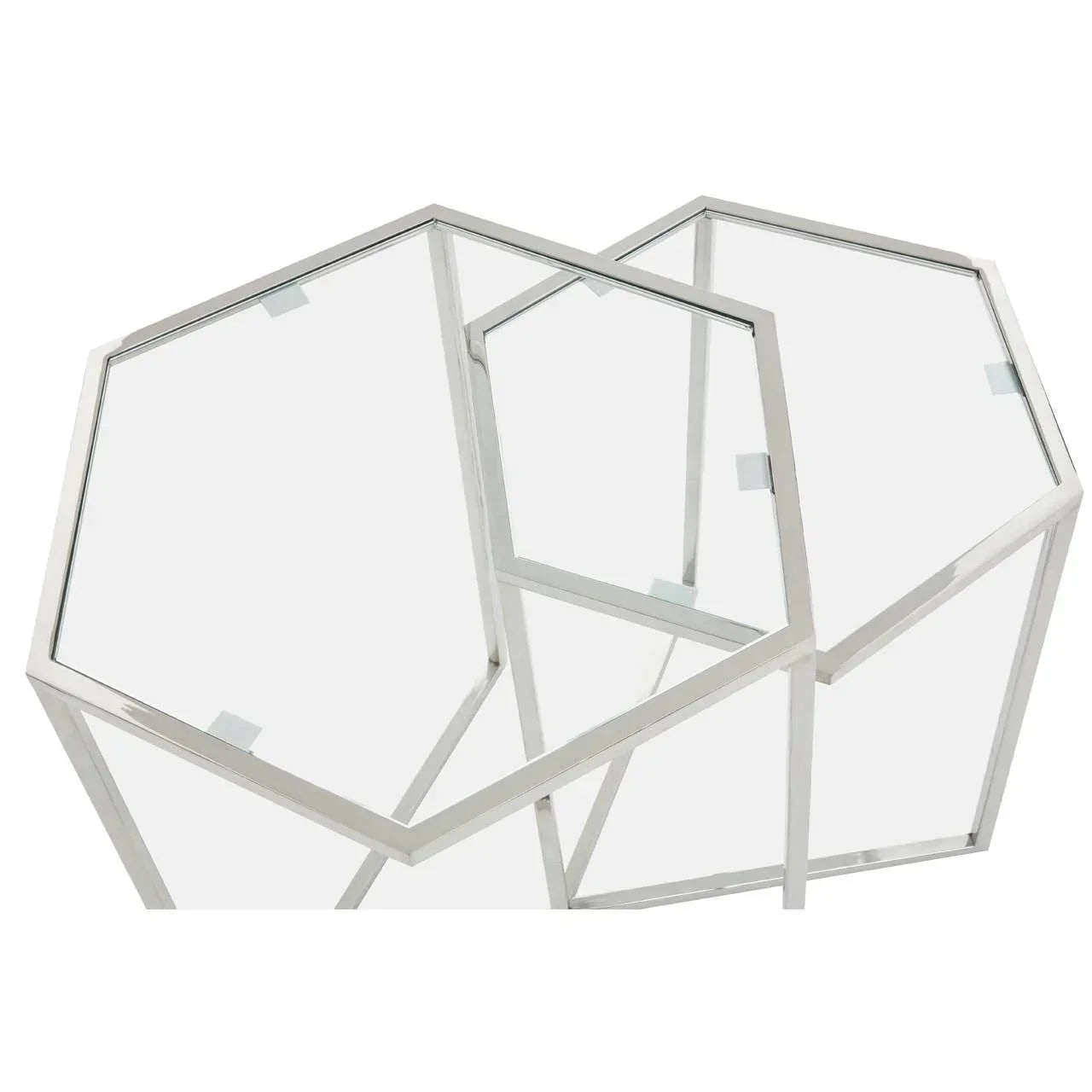 Hexagonal glass top nesting tables with chrome metal frames, geometric modern style