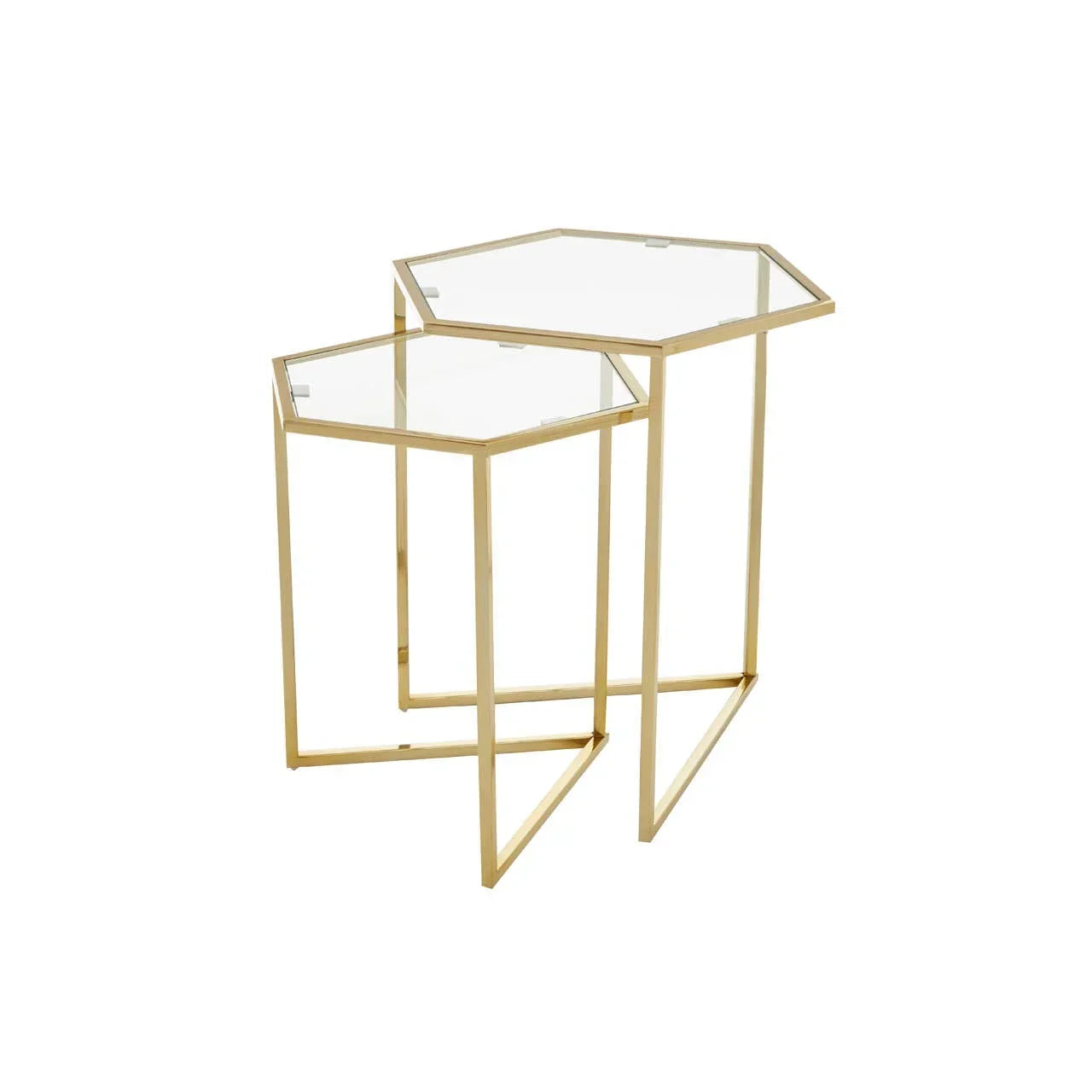 Set of two gold metal nesting side tables with clear glass hexagonal tops