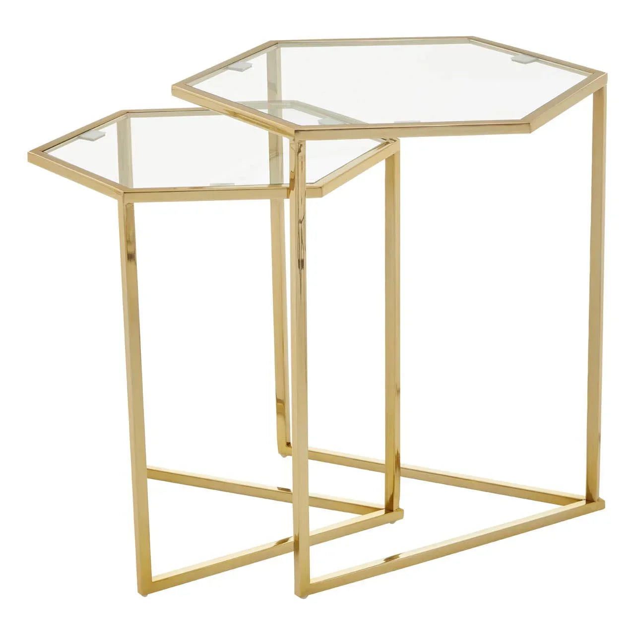 Gold metal nesting side tables with hexagonal clear glass tops