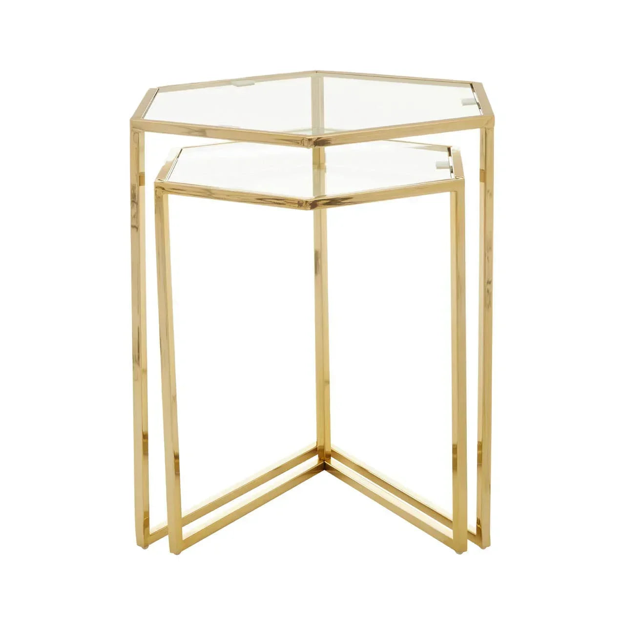 Hexagonal glass nesting tables with gold metal frame, modern side table set