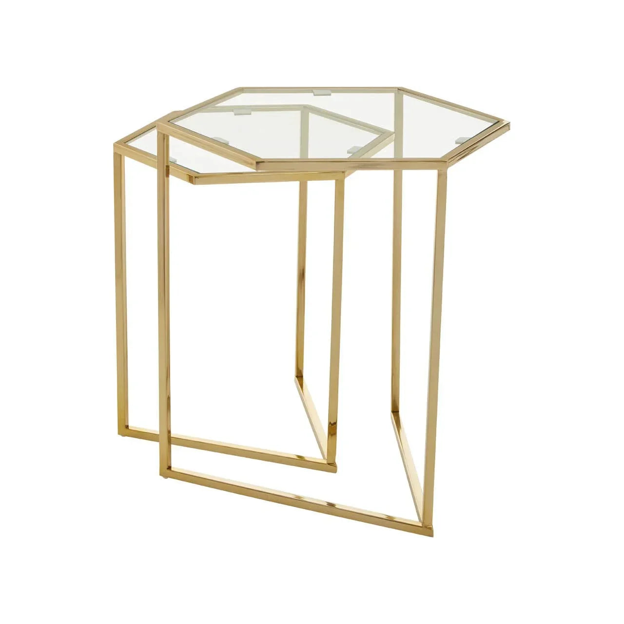 Hexagonal glass side table with gold metal frame, modern geometric design