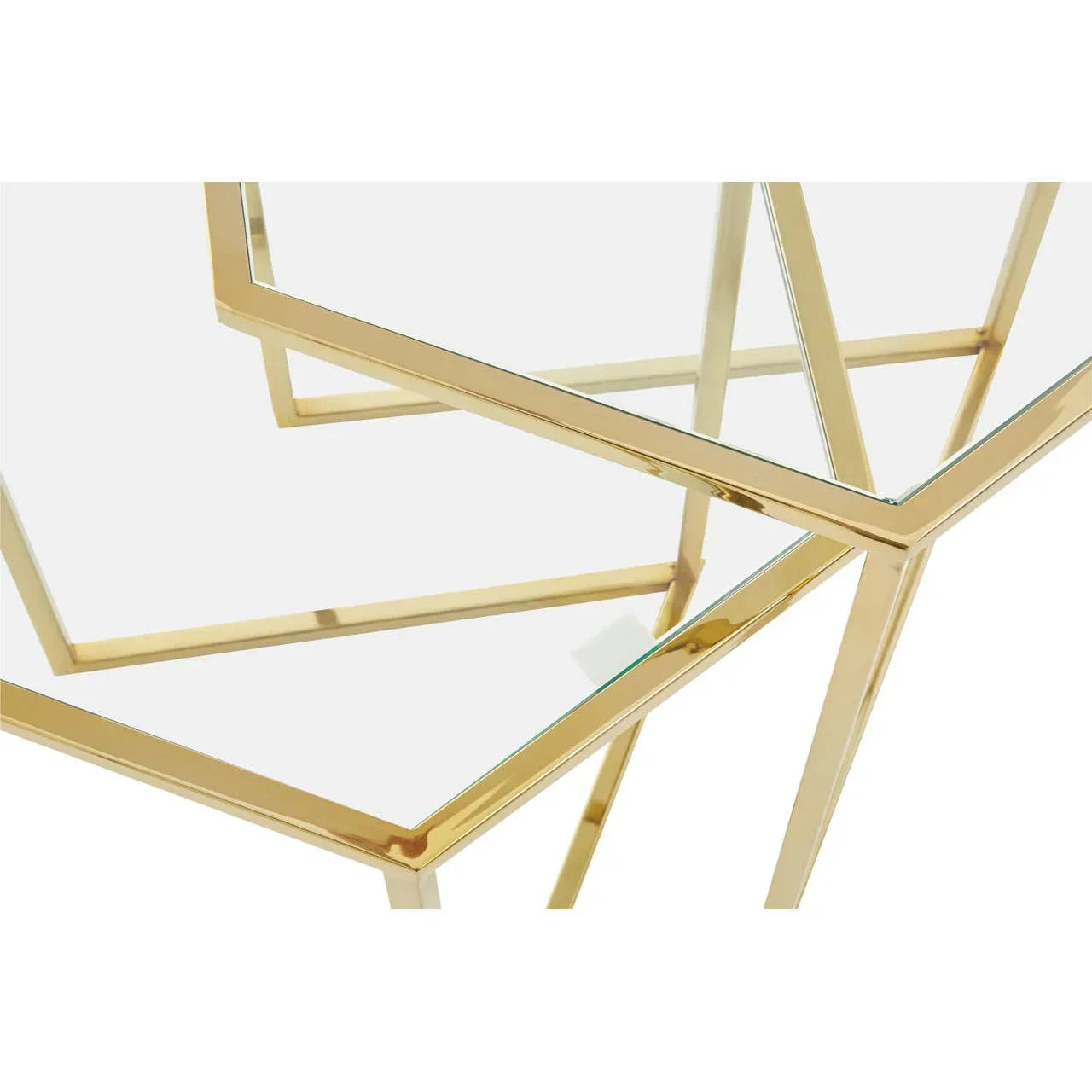 Glass coffee table with gold metal frame geometric design, angled top view