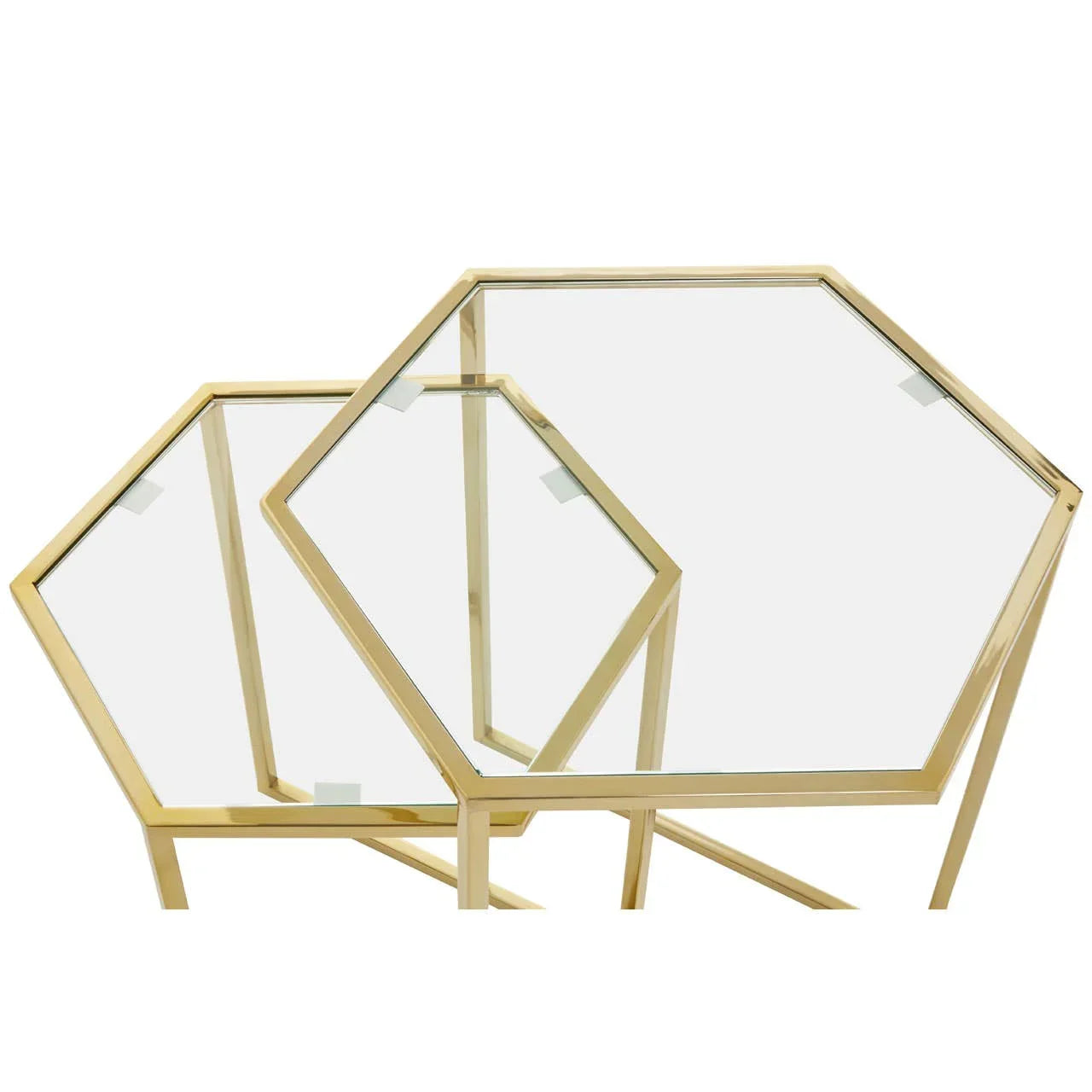 Set of gold hexagonal glass nest tables with metal frames, modern design