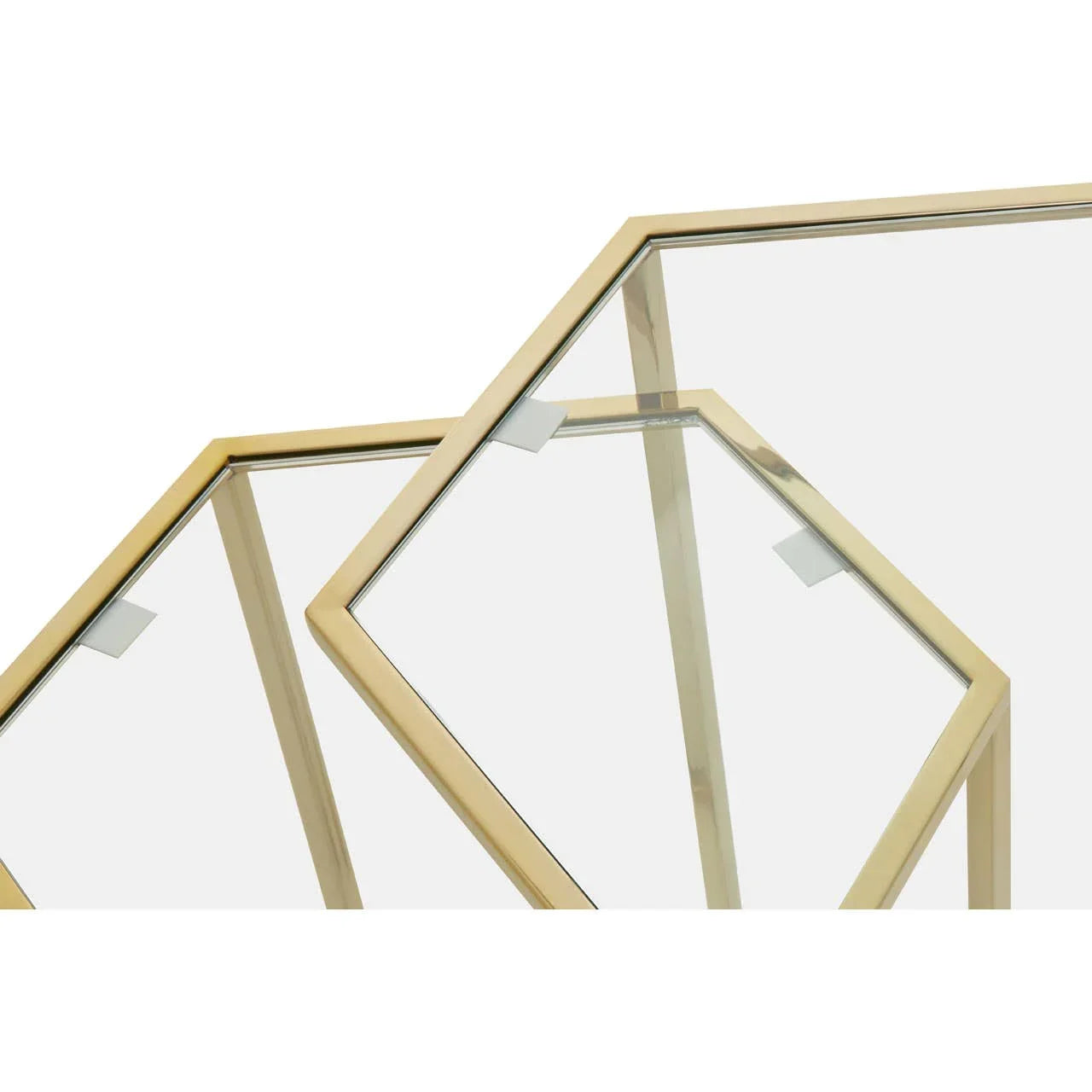 Hexagonal glass top nesting tables with gold metal frames, viewed from above