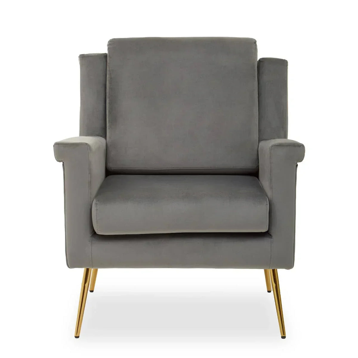 Grey velvet armchair with gold metal legs, front view