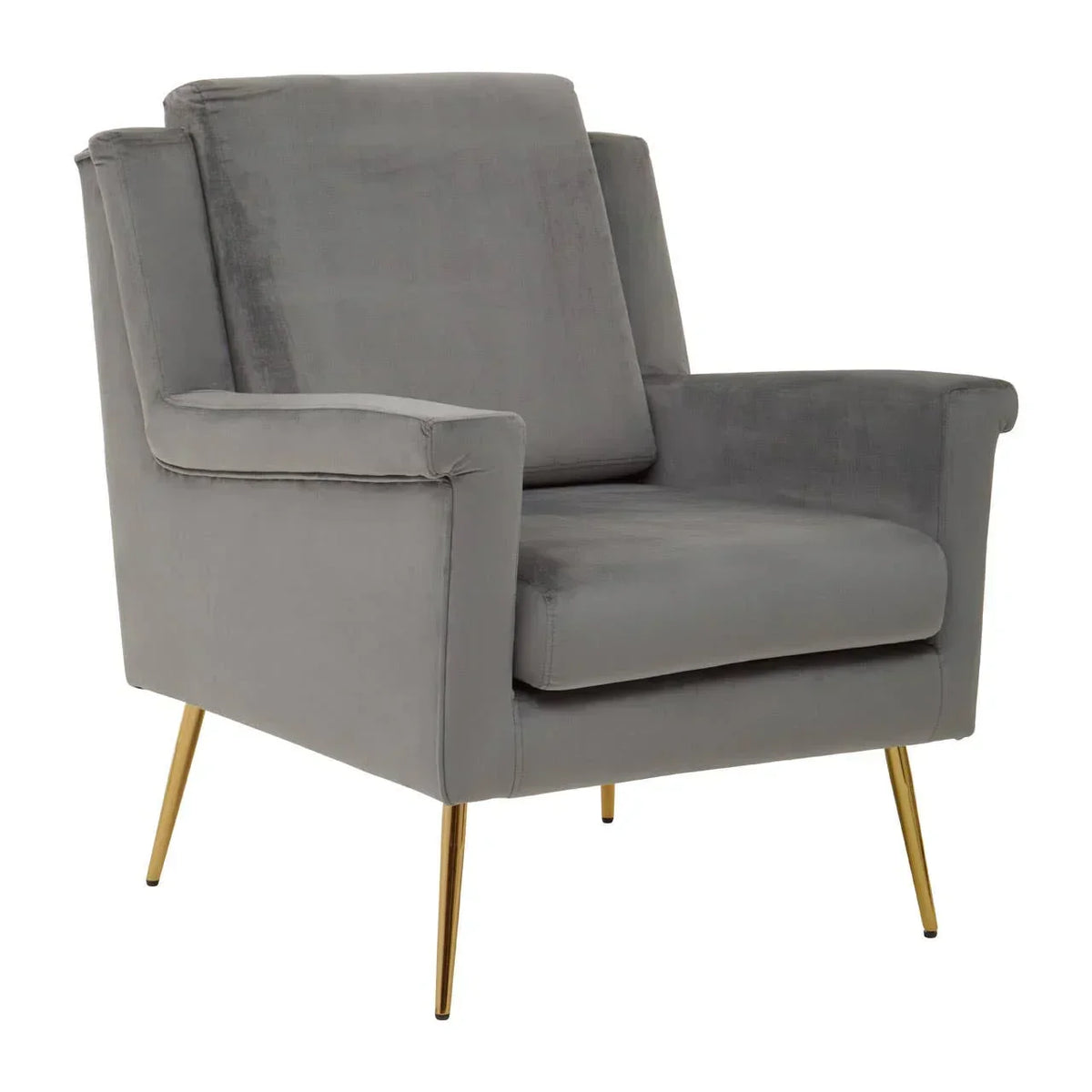 Grey velvet accent armchair with gold metal legs, angled front view