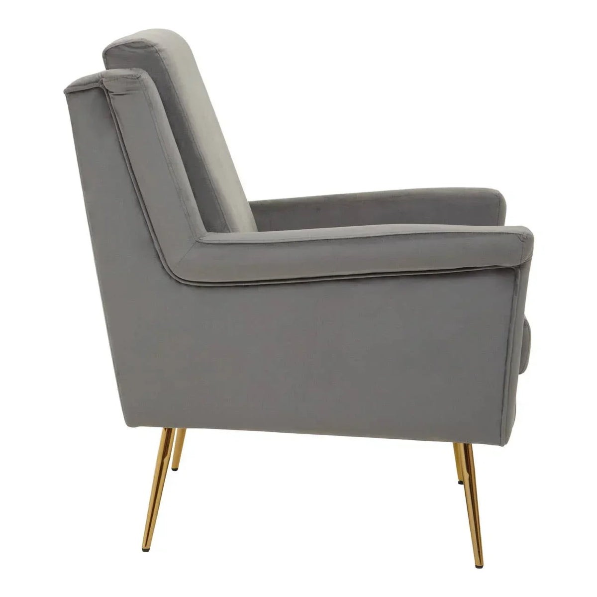 Side view grey velvet armchair with slim gold metal legs
