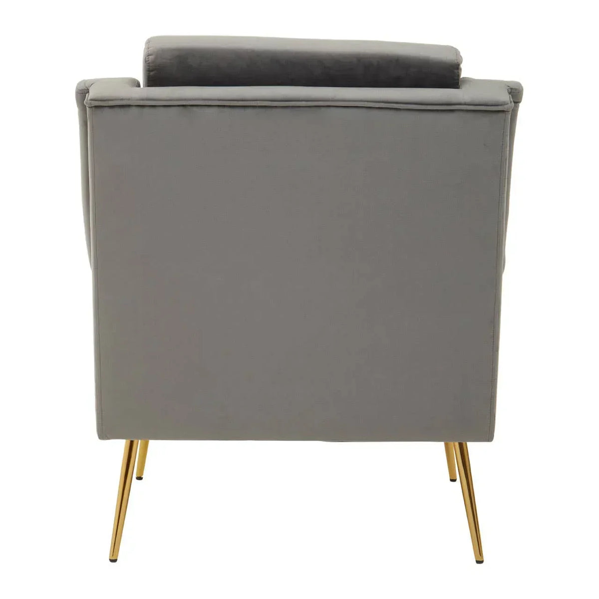 Back view of grey velvet accent chair with gold metal legs