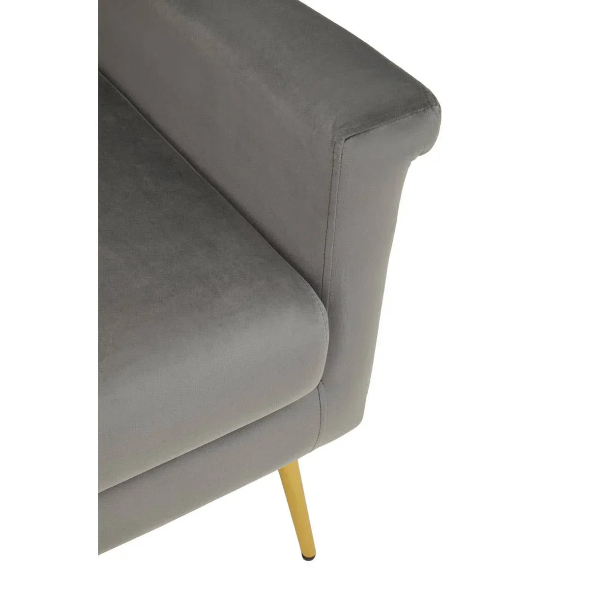 Grey velvet sofa corner with gold metal leg and padded armrest