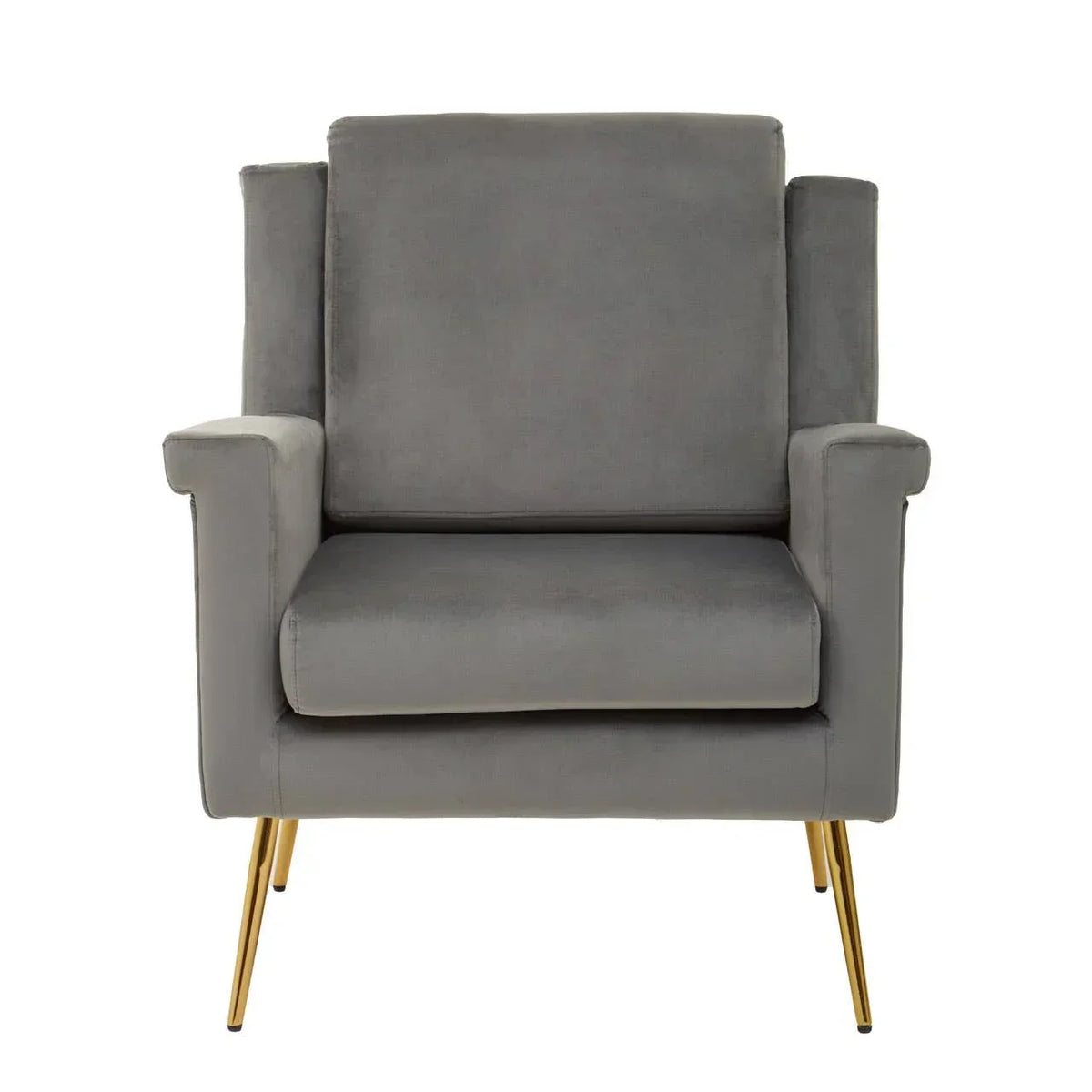 Grey velvet armchair with gold metal legs and modern square armrests, front view
