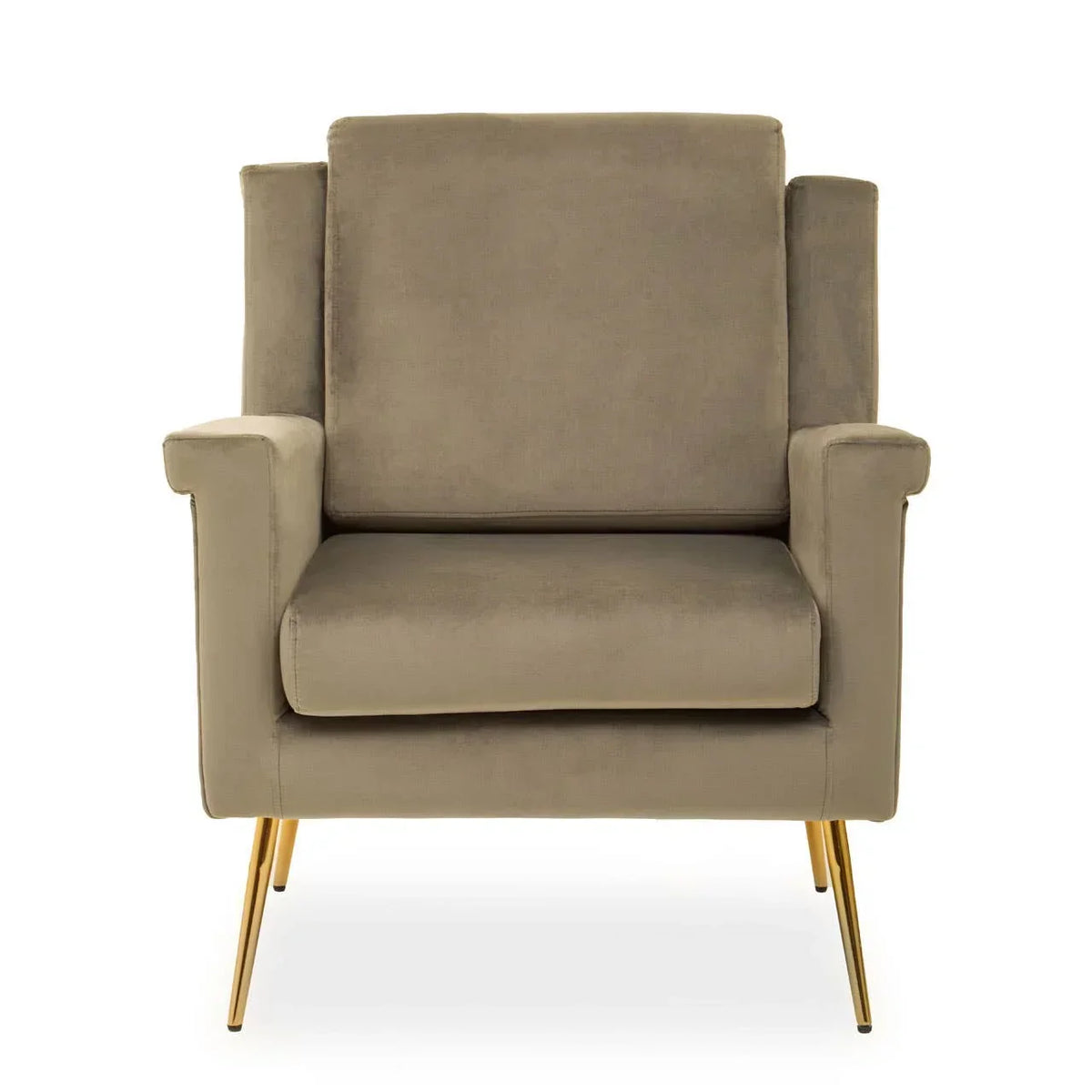 Taupe accent armchair with gold metal legs and plush upholstery front view