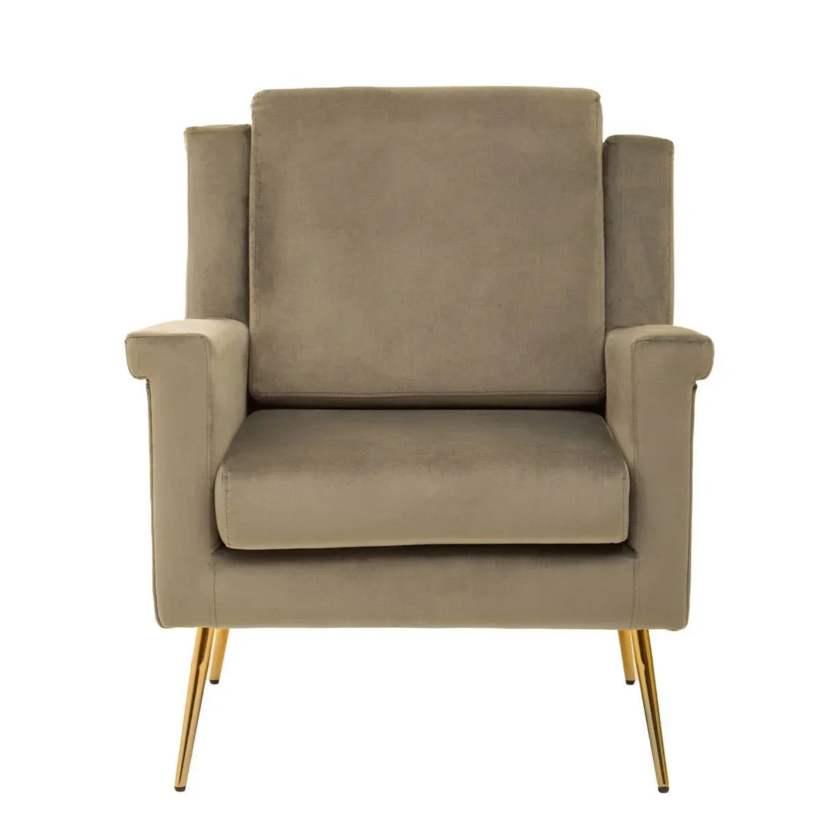 Taupe fabric armchair with gold metal legs, straight arms and high backrest, front view