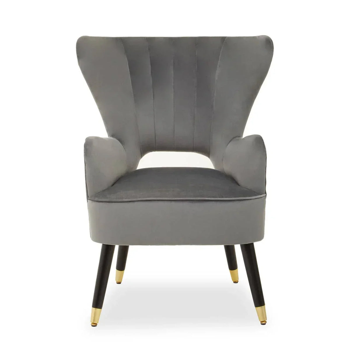 Grey velvet accent chair with curved backrest and gold-tipped black legs, front view