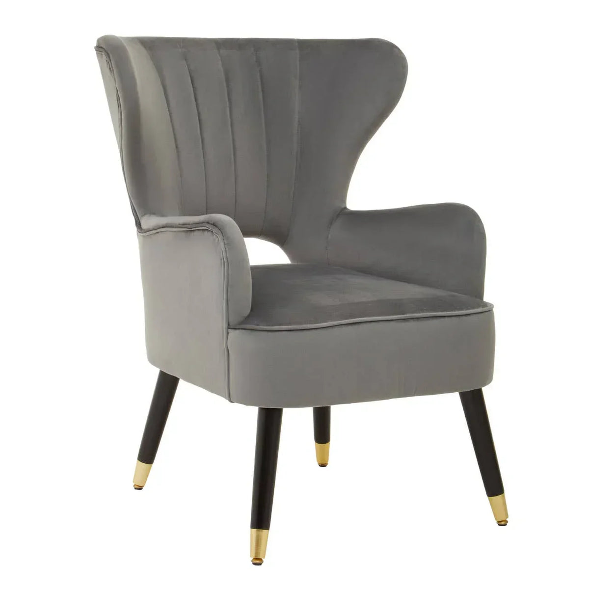 Grey velvet accent chair with fluted backrest, black wooden legs and gold metal tips