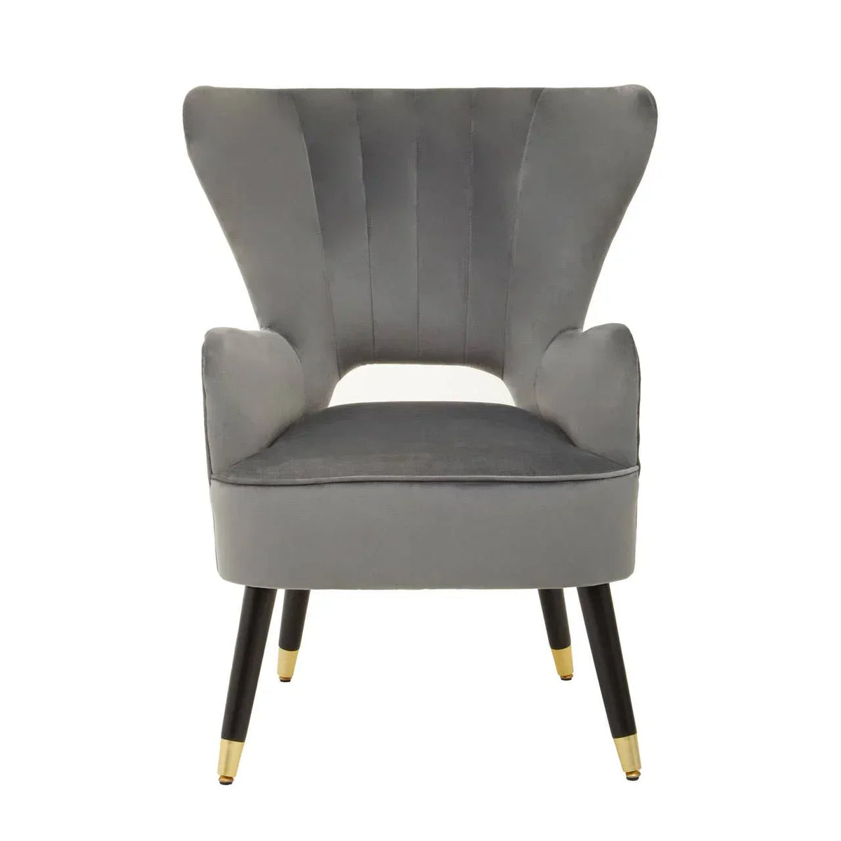Grey velvet accent chair with flared backrest and gold-tipped black legs, front view