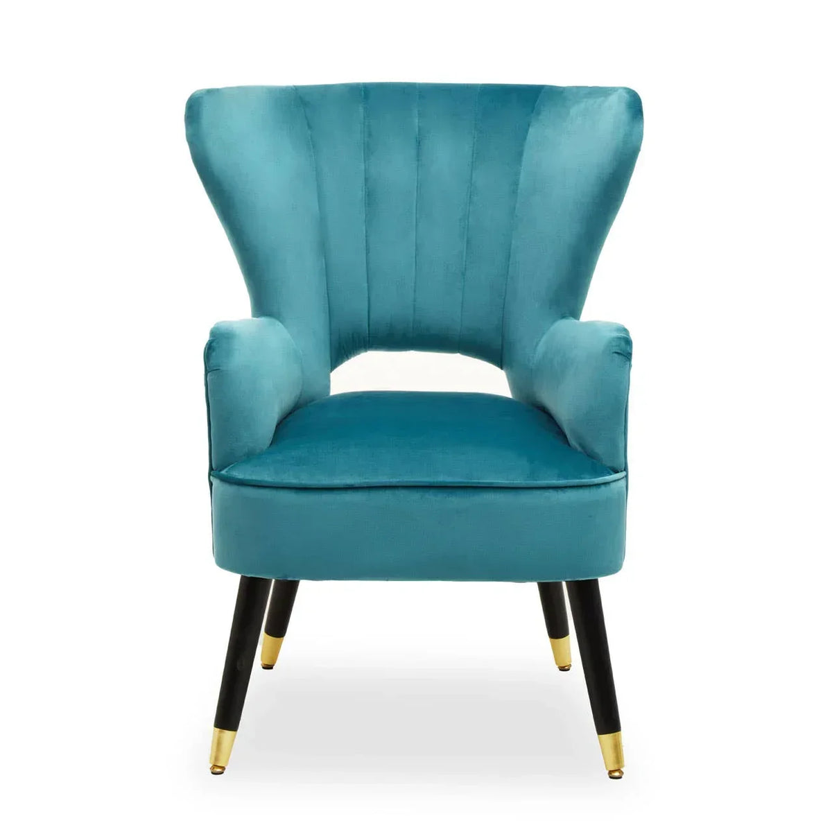 Blue velvet armchair with flared back and gold-tipped black legs, front view