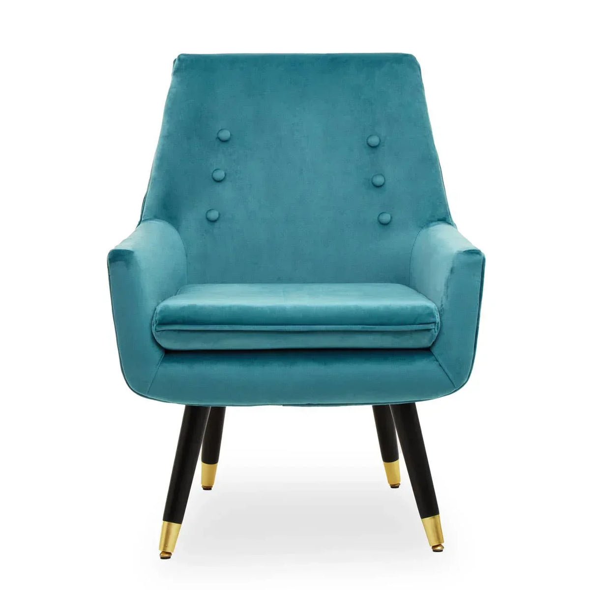 Teal velvet accent chair with button backrest and gold-tipped black wooden legs, front view
