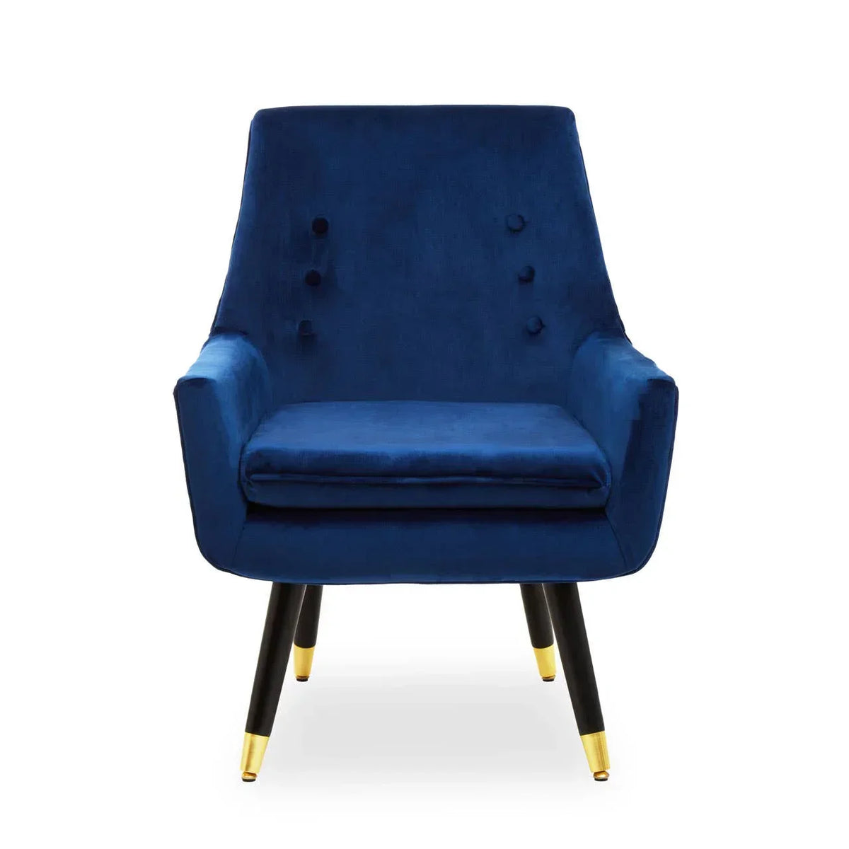 Blue velvet accent chair with button back and gold-tipped legs, front view