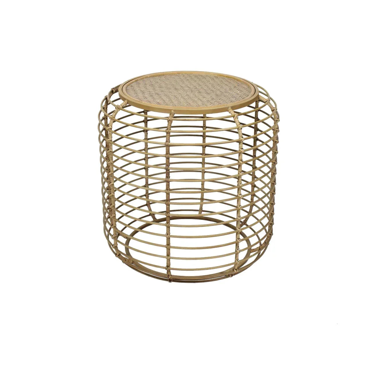 Round rattan side table with open lattice design and woven top, natural finish