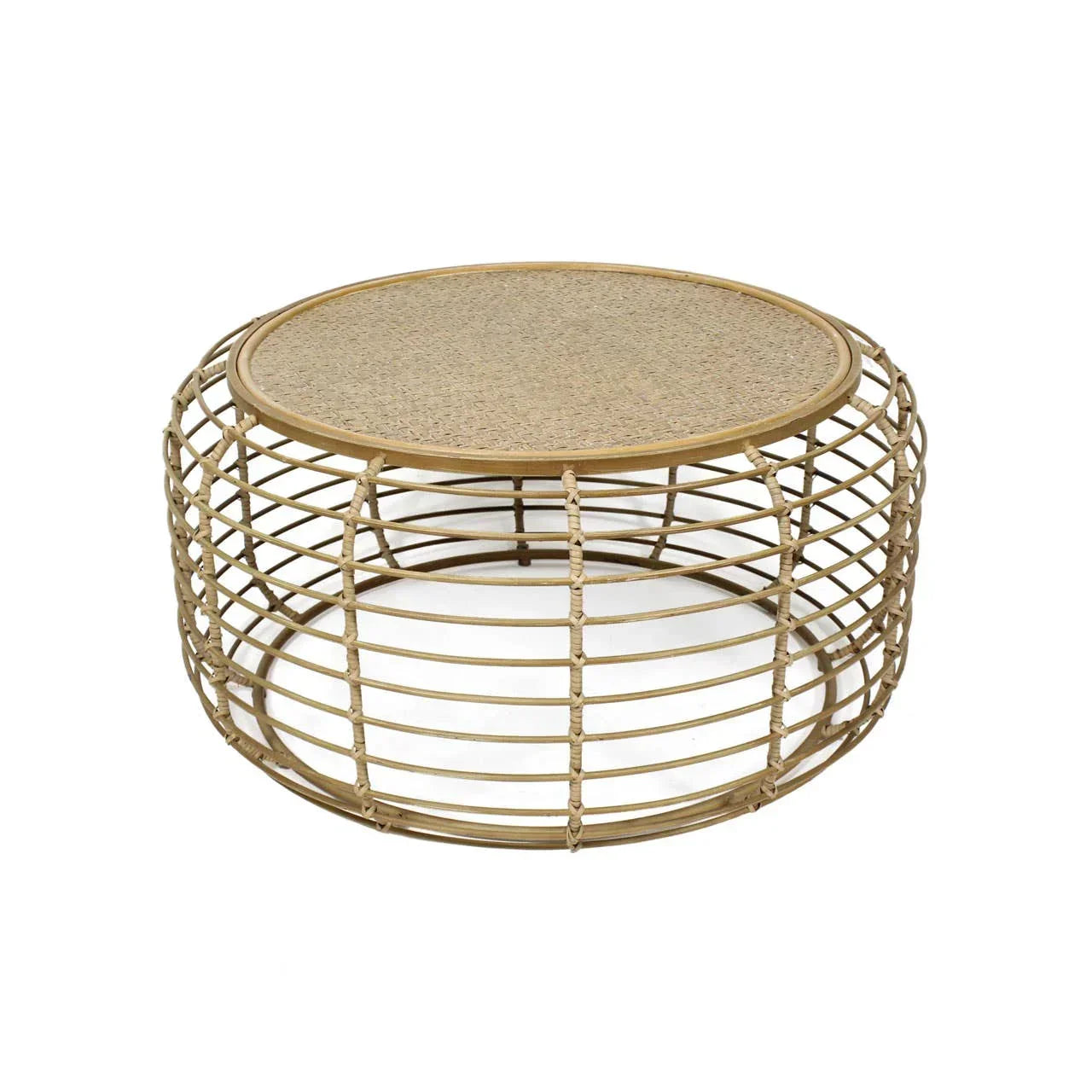 Round rattan coffee table with open lattice base and woven natural top