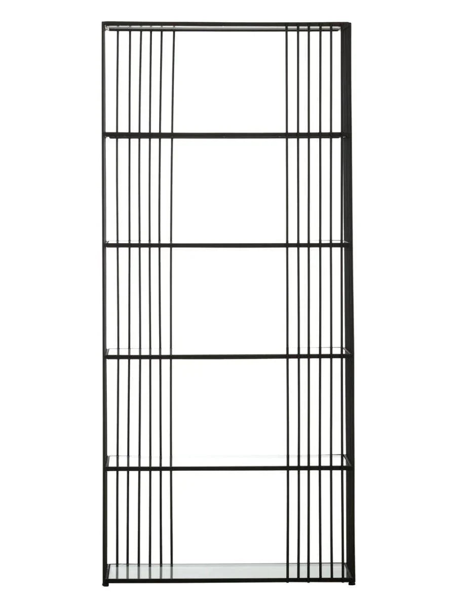 Black metal bookshelf with five open glass shelves and vertical grid frame