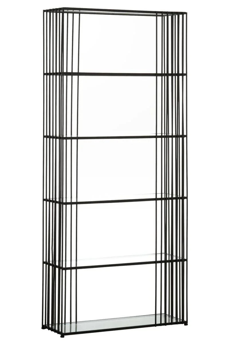 Tall black metal shelving unit with open frame and five glass shelves
