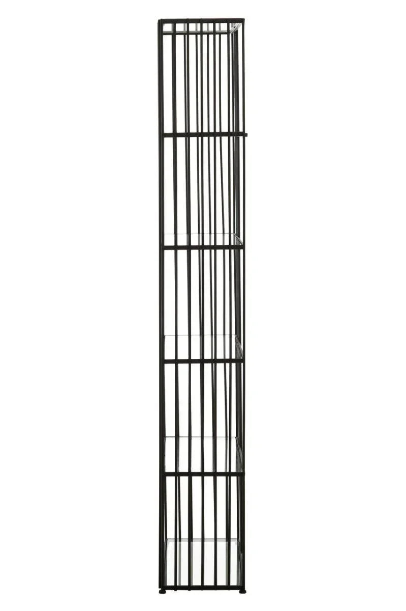 Tall black metal shelving unit with four glass shelves, front view