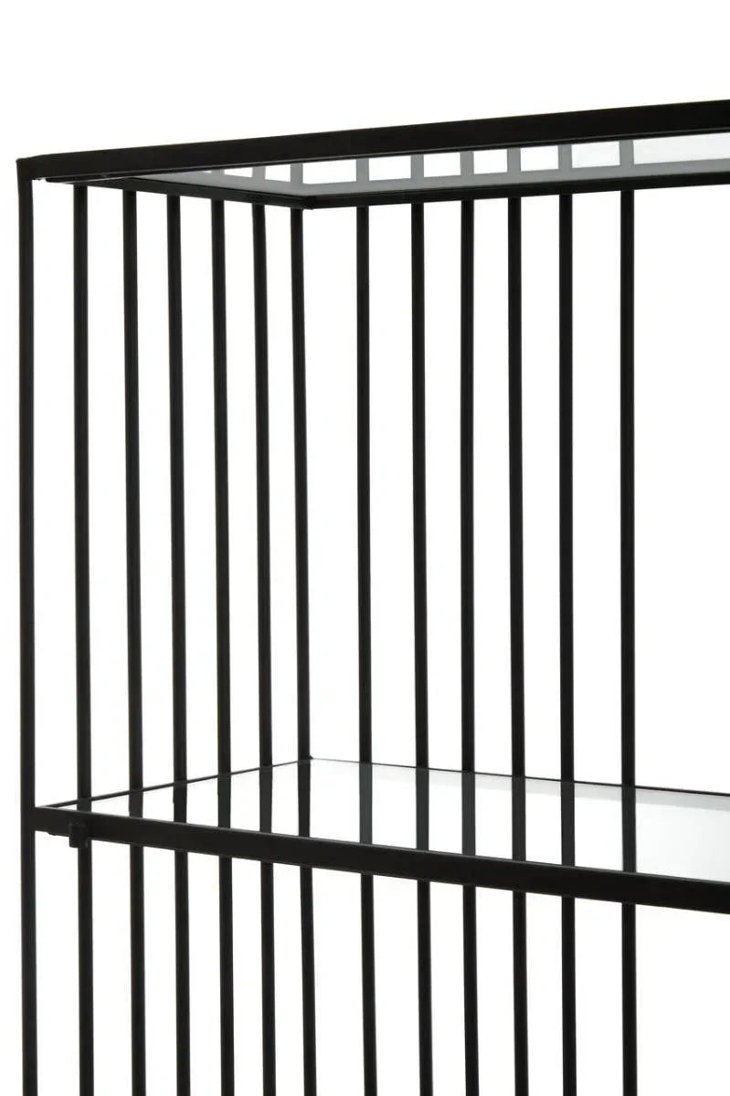 Black metal shelving unit with vertical bars and glass shelves closeup