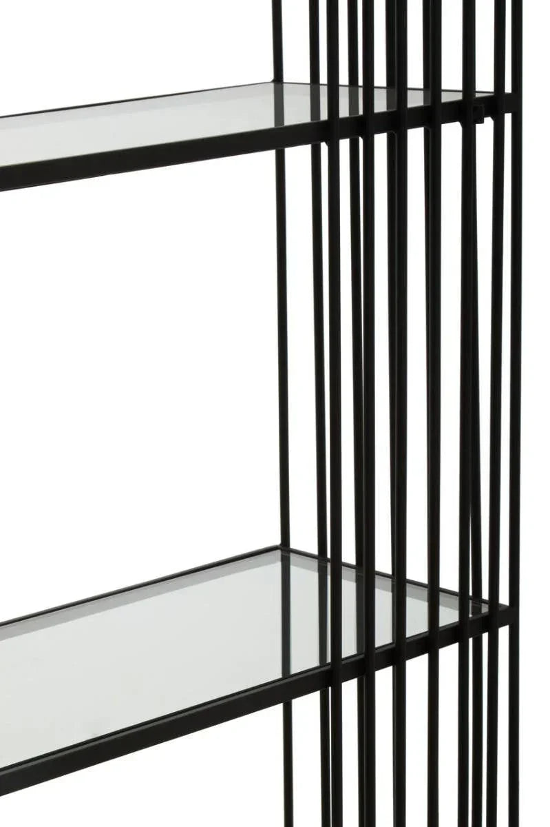Modern black metal shelving unit with glass shelves, close-up of frame and shelf detail