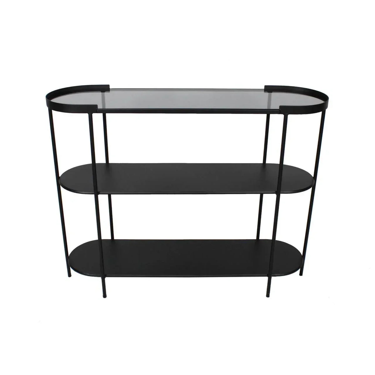Black metal console table with three shelves and a glass top, shown from the front